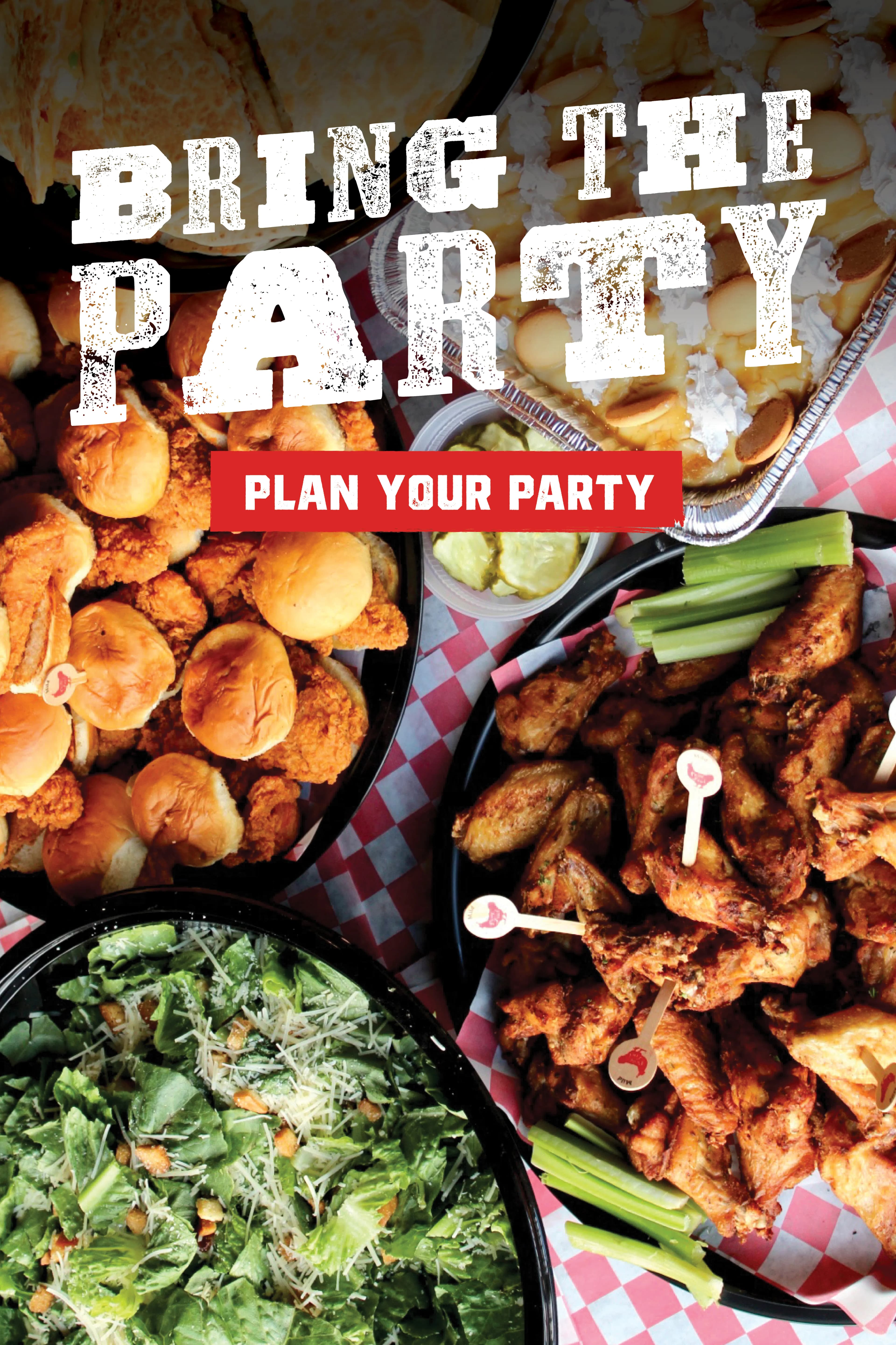 Catering Carousel A variety of party foods including chicken wings, sliders, and a salad, set on a checkered tablecloth.