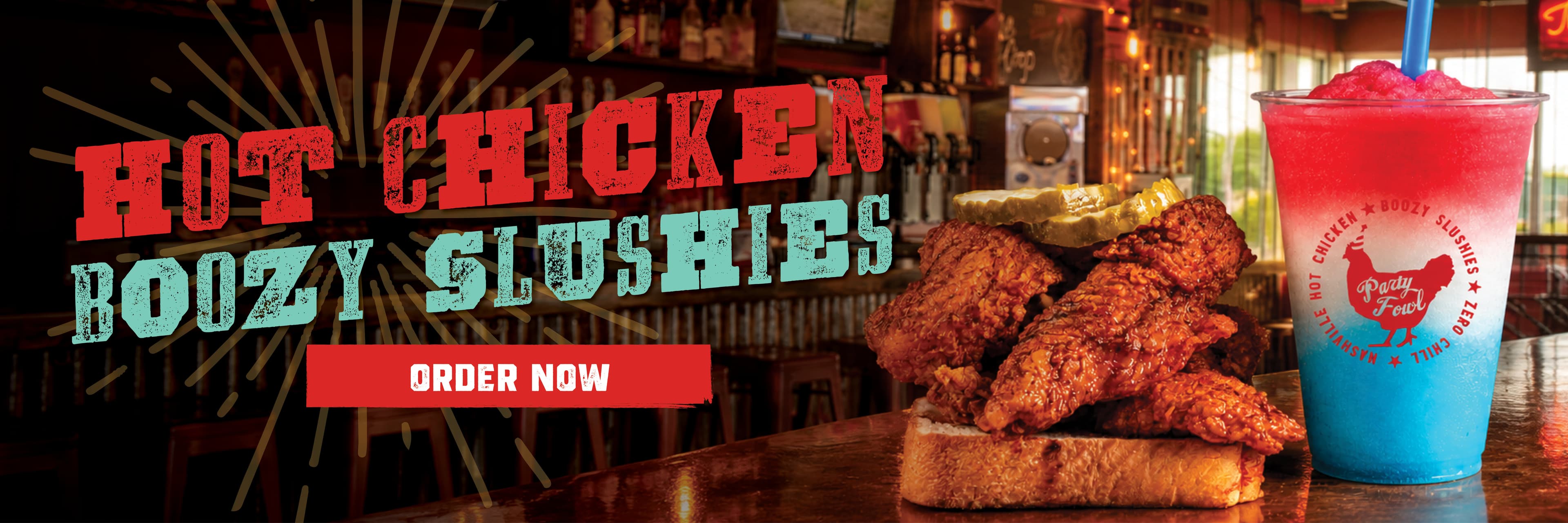 Chicken&Slushies Carousel A vibrant advertisement featuring fried chicken and a colorful slushie drink