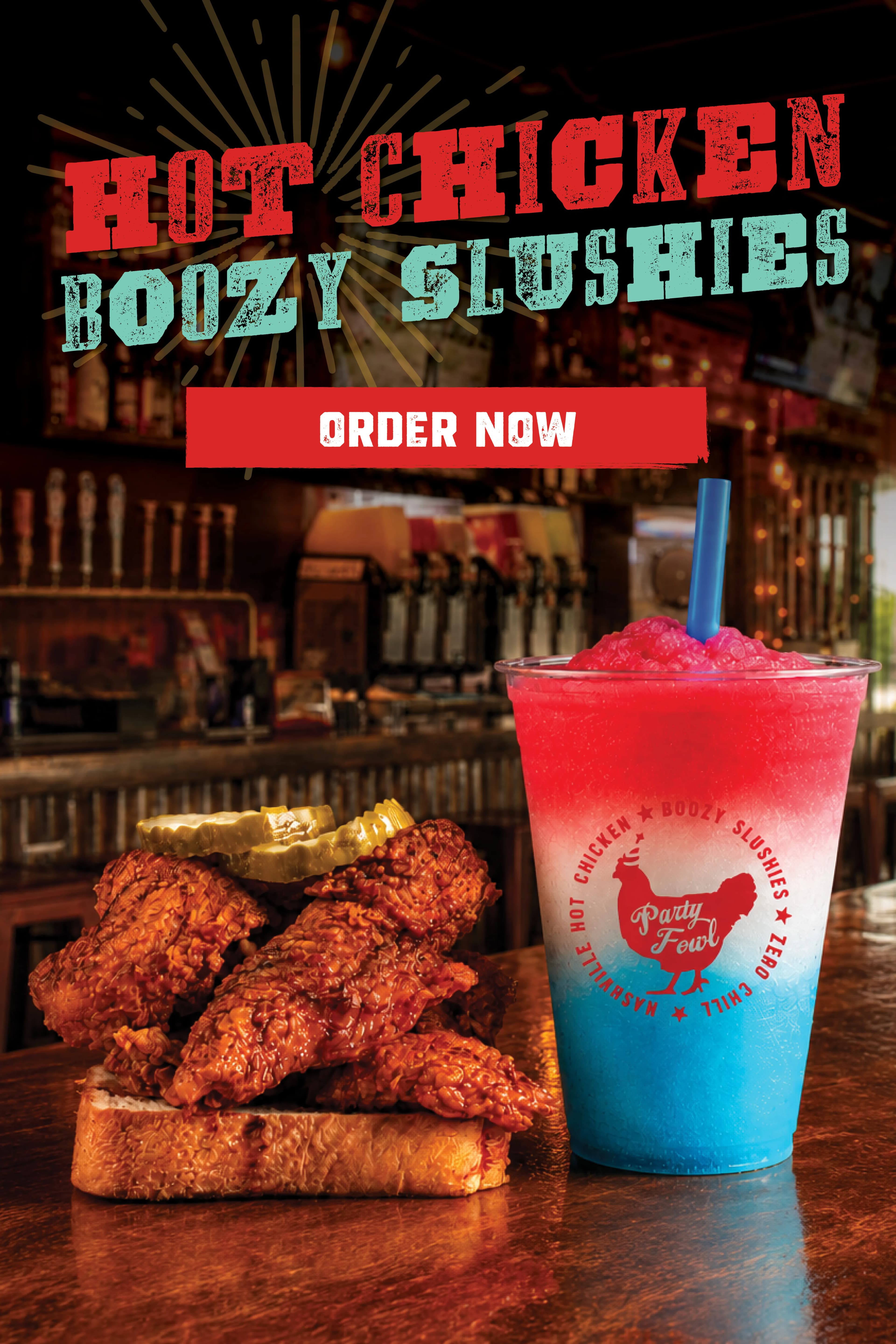Chicken&Slushies Carousel A vibrant hot chicken sandwich with pickles and a colorful slushie drink in a Party Fowl branded cup