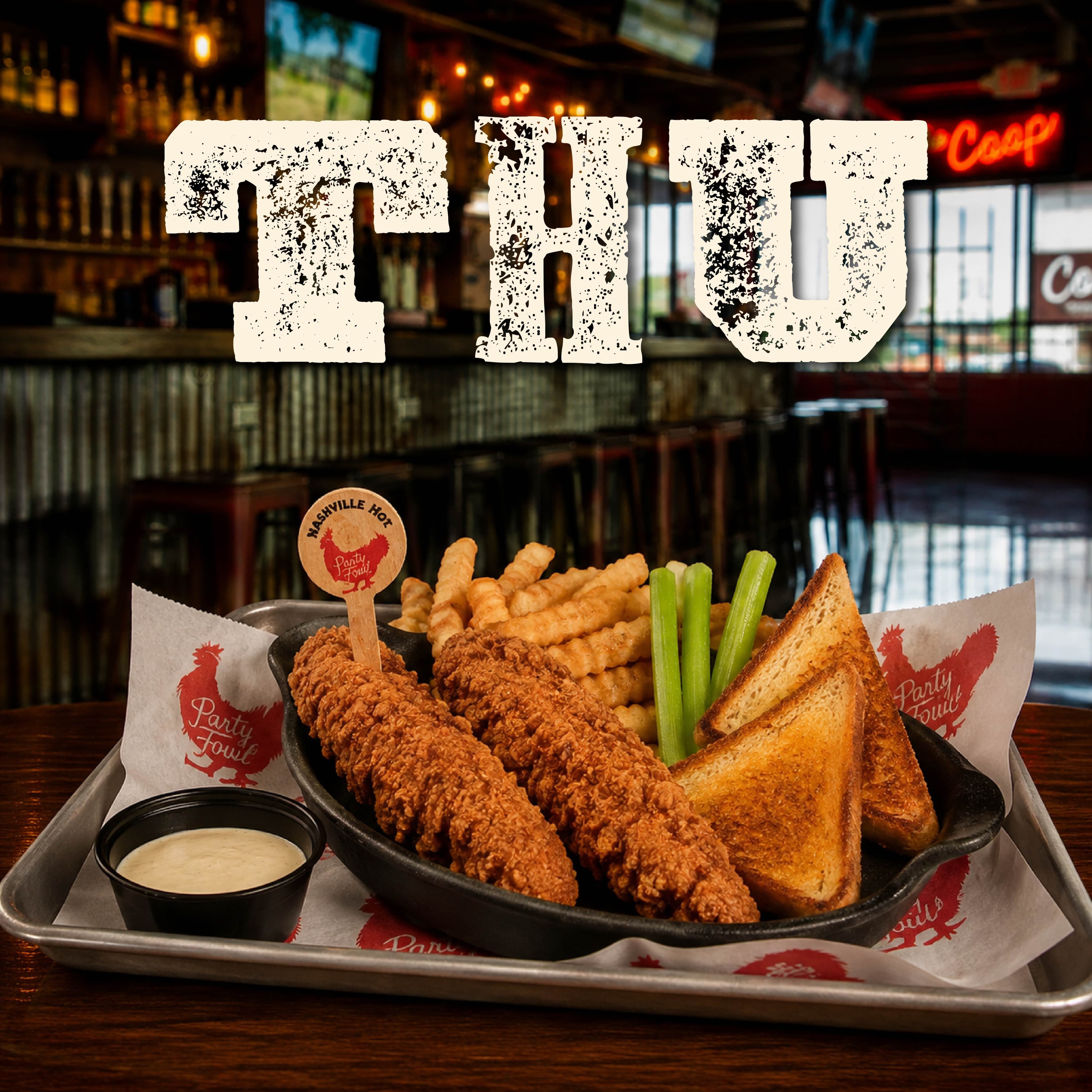 PF WeeklySpecials Image 04 A plate of Nashville Hot chicken tenders with fries, celery sticks, and a side of dipping sauce.