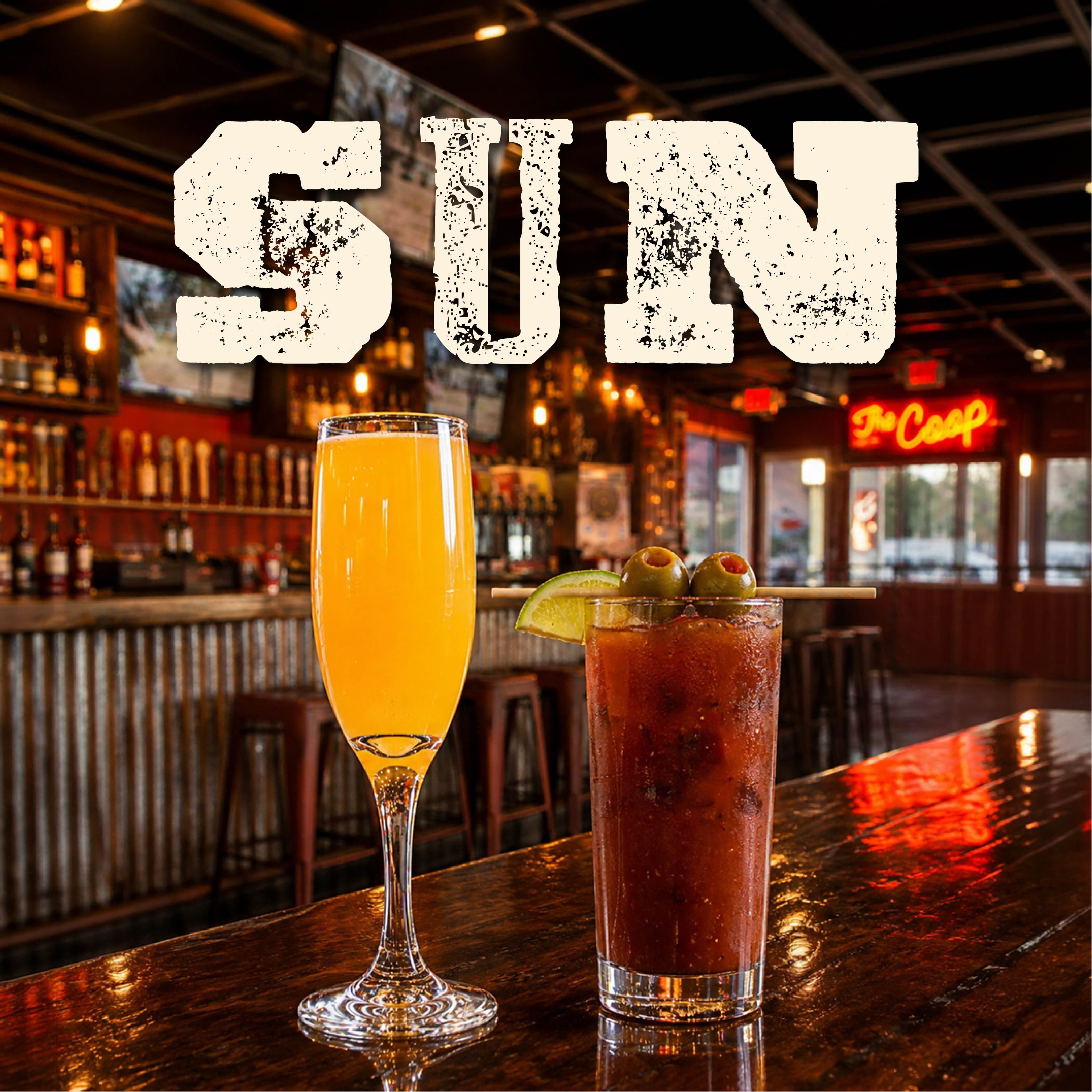 PF WeeklySpecials Image 05 A vibrant bar scene featuring a mimosa and a Bloody Mary garnished with olives and a lime slice